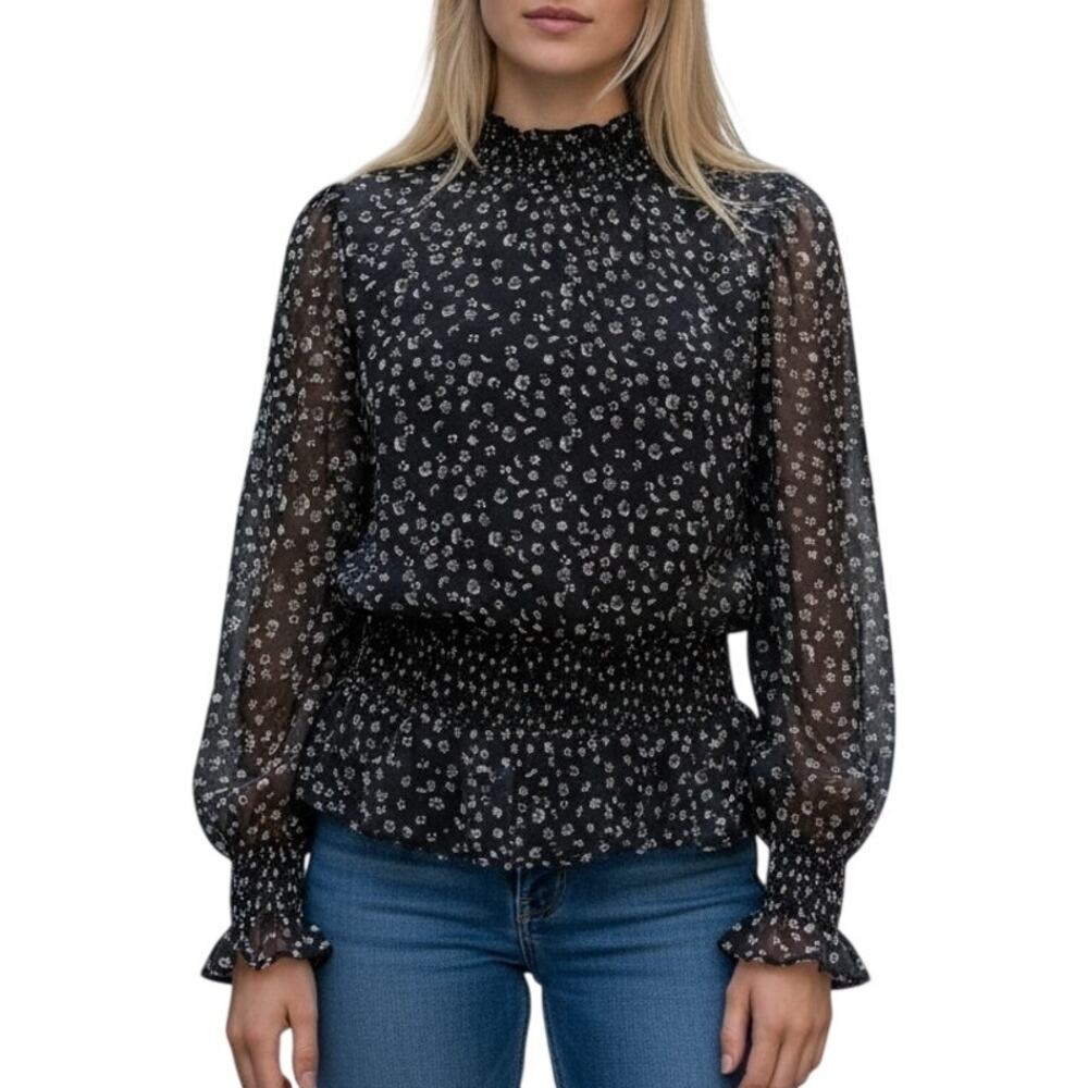 Japna Black Floral Peplum Top Womens Small Smocked Hi Neck Modest Career Blouse